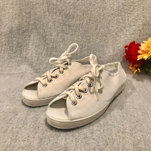 White Canvas Peep Toe Slingback Sneakers - Picture 7 of 16